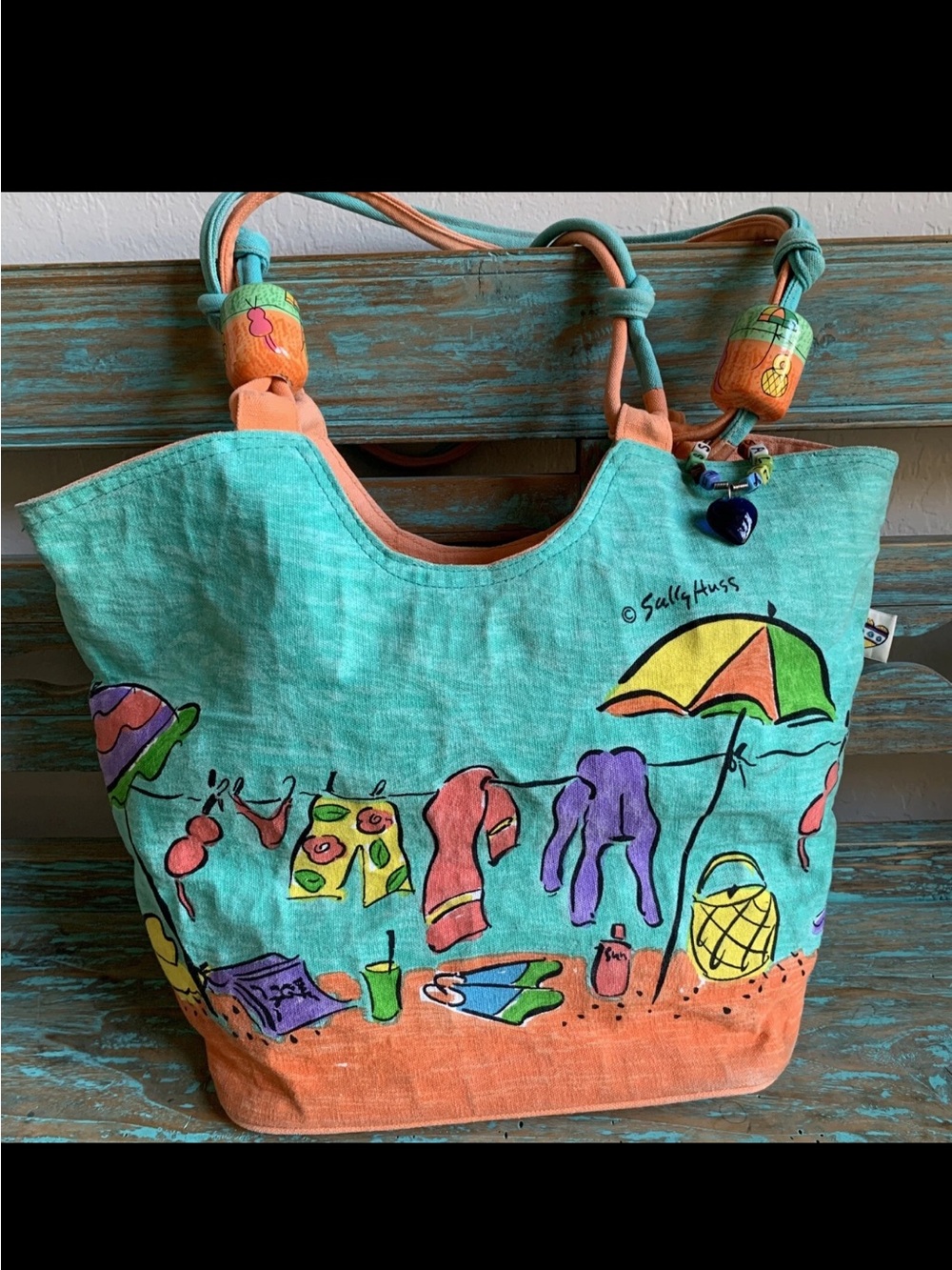 Vintage Artist Sally Huss Sun-In-Sand Beach Theme Canvas Tote Shoulder Bag